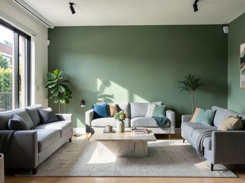 Sage green feature wall in a modern living room